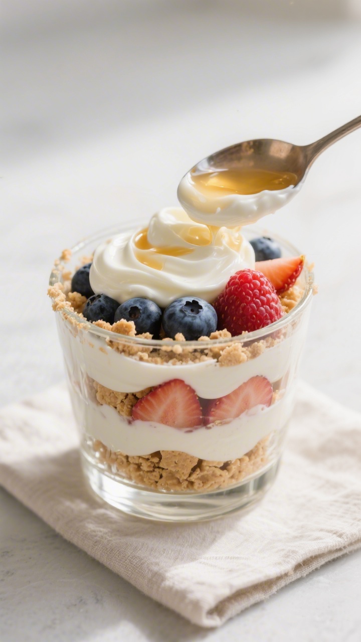Close-up detail: A layered Greek yogurt parfait mid-assembly in a clear rocks glass, showing distinc