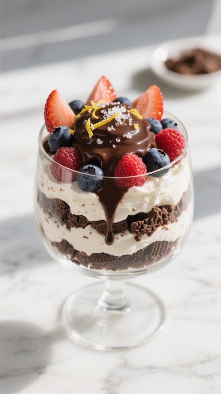 Close-up detail: A no-bake berry chocolate parfait mid-assembly in a clear stemless wine glass, show
