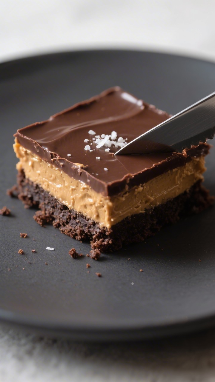 Close-up detail: A single square of the no-bake Chocolate Peanut Butter Dessert mid-slice, showing t