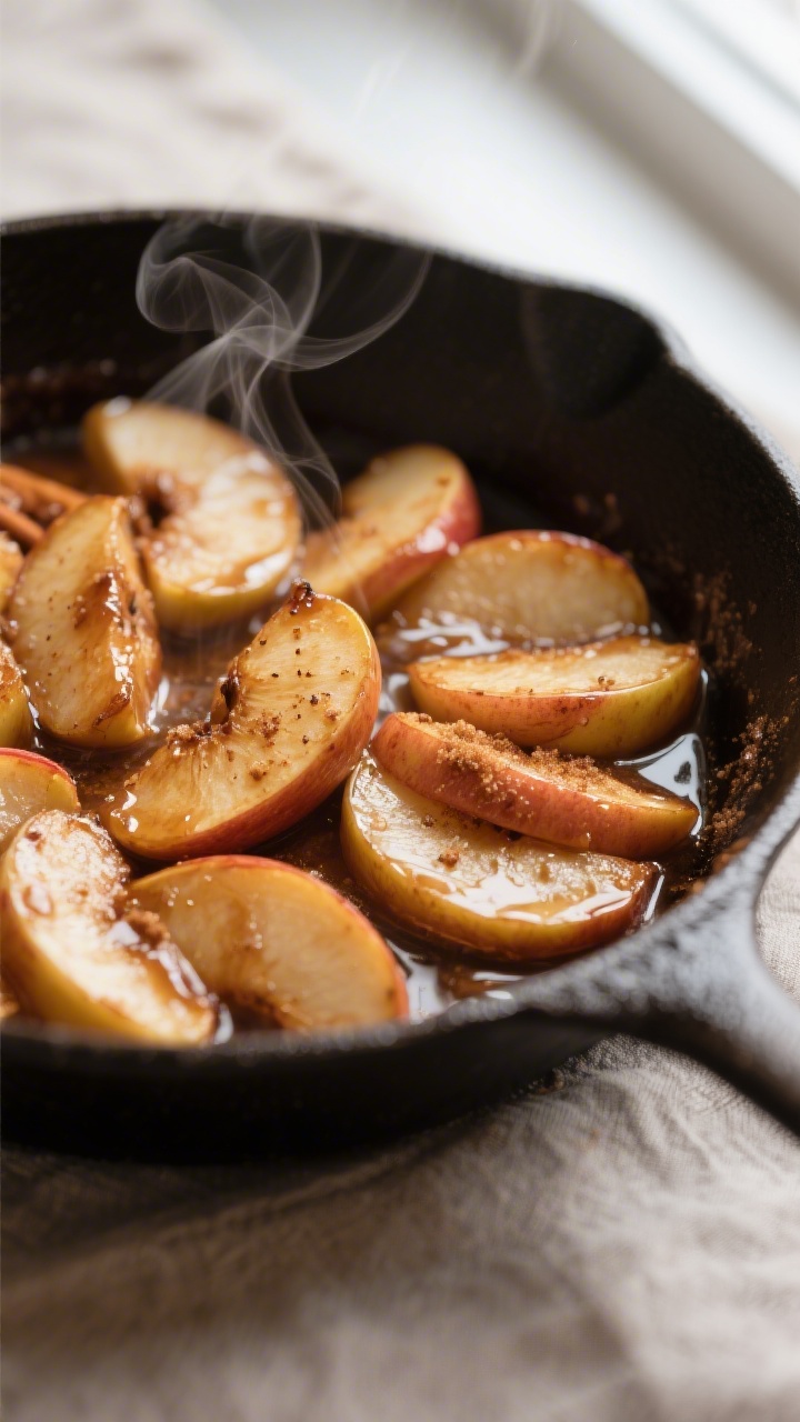 Close-up detail: A skillet of caramelized apple slices glistening in a glossy cinnamon-brown sugar b