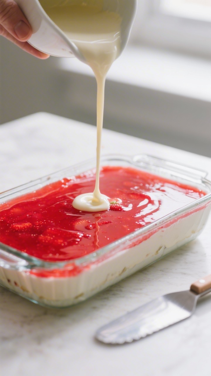 Close-up detail: A softly set first layer of bright red strawberry gelatin in a 9x13-inch glass pan 