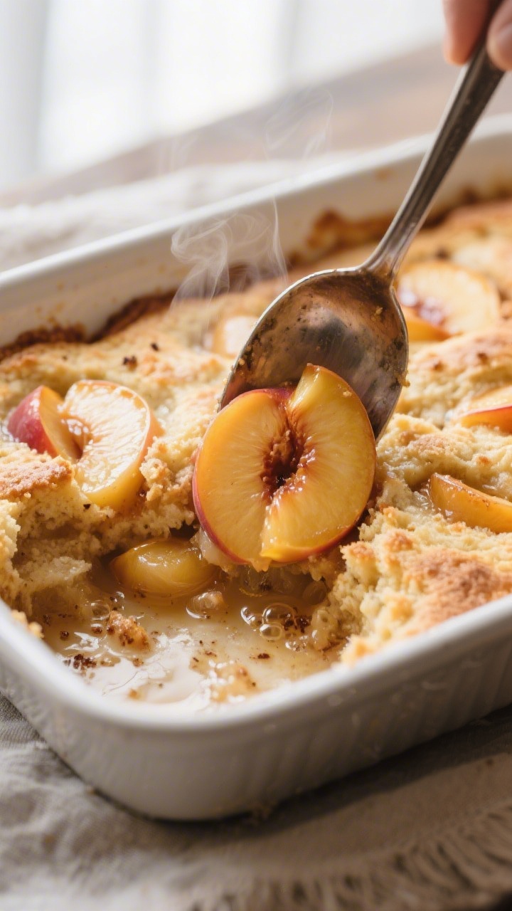 Close-up detail: A spoon breaking into warm Southern peach cobbler fresh from the oven, showing glos