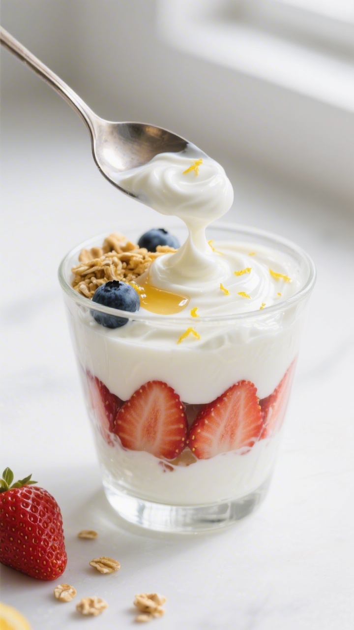 Close-up detail: A spoon gently swirls sweetened Greek yogurt (glossy, ultra-creamy) into a clear tu