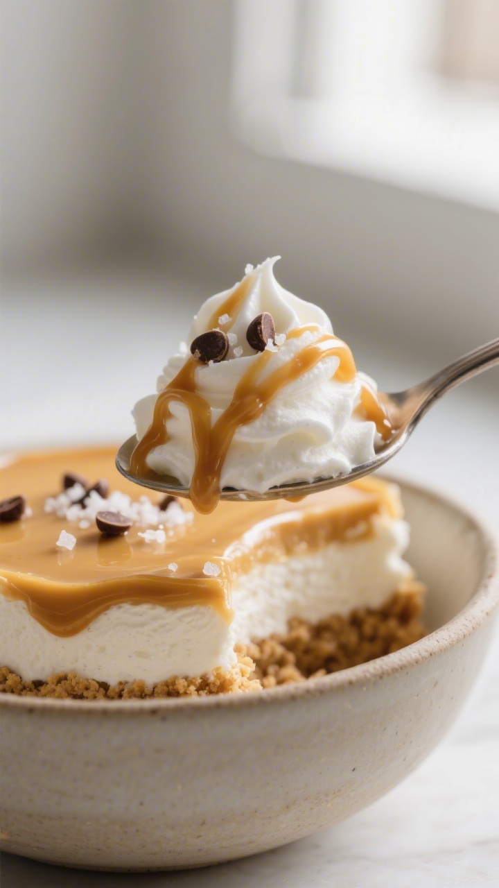 Close-up detail: A spoonful lifted from a chilled caramel-and-cream layered dessert, showing distinc
