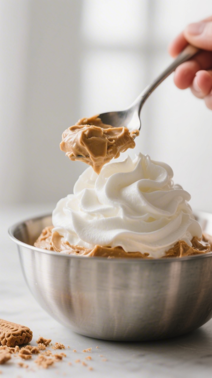 Close-up detail: A spoonful of cookie butter mousse being gently folded with freshly whipped cream i