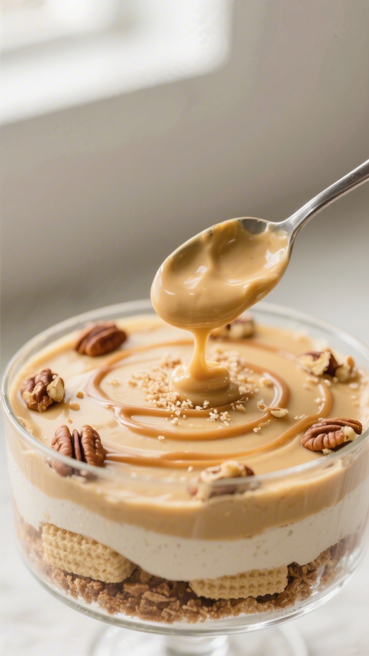 Close-up detail: A spoonful of silky roasted-banana custard being spread over a layer of intact vani