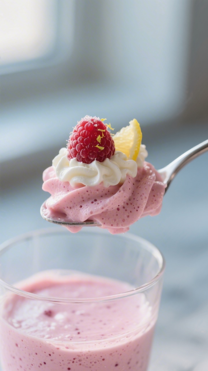 Close-up detail: A spoonful of the pretty pink berry mousse lifted from a chilled glass, showing its