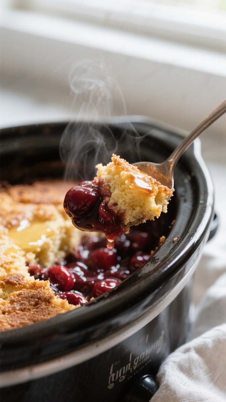 Close-up detail: A spoonful of warm crock pot cake-and-fruit dessert lifted from the slow cooker, sh
