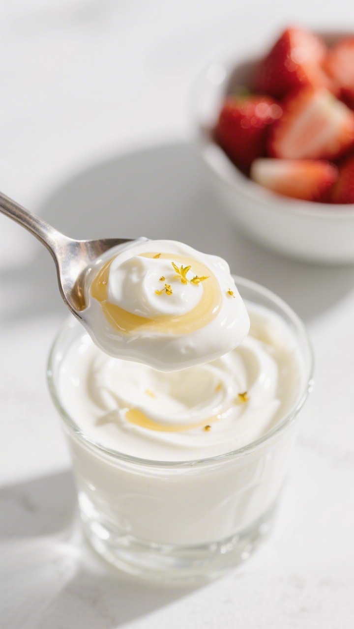 Close-up detail: A spoonful swirl of sweetened Greek yogurt being dolloped into a clear glass, gloss