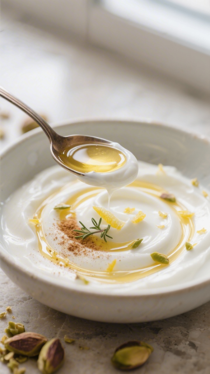 Close-up detail: A spoonful trail through thick, strained Greek yogurt swirled with golden ribbons o