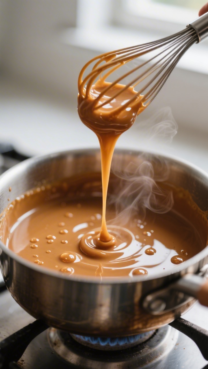 Close-up detail: A thick, glossy butterscotch custard just after thickening in a saucepan, bubbles s