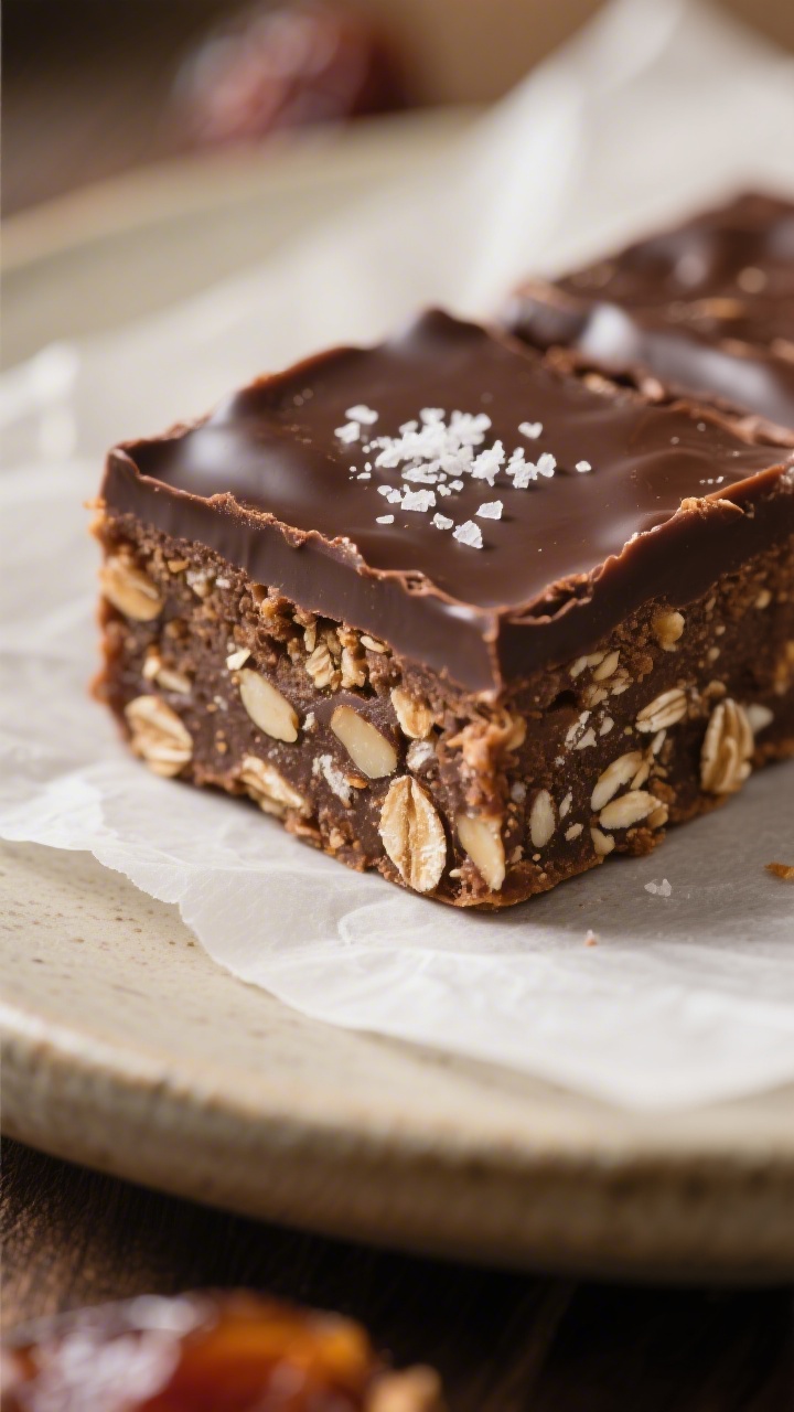 Close-up detail: A tight macro of a sliced date-cocoa fudge bar square with a glossy dark-chocolate 