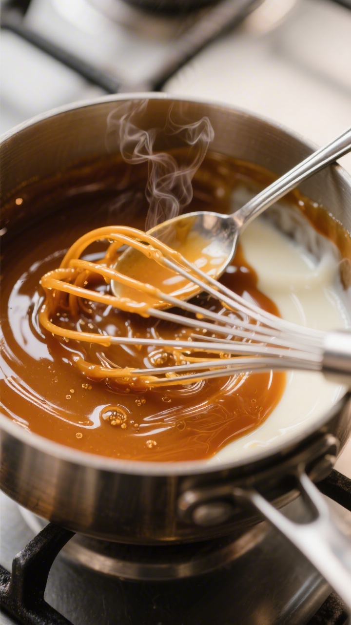 Close-up detail: A tight macro of glossy, deep-honey caramel being whisked smooth in a heavy-bottome