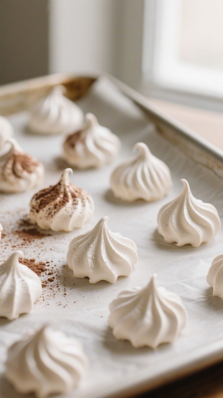 Close-up detail: A tray of baked meringue kisses just out of the oven, crisp matte shells with tiny