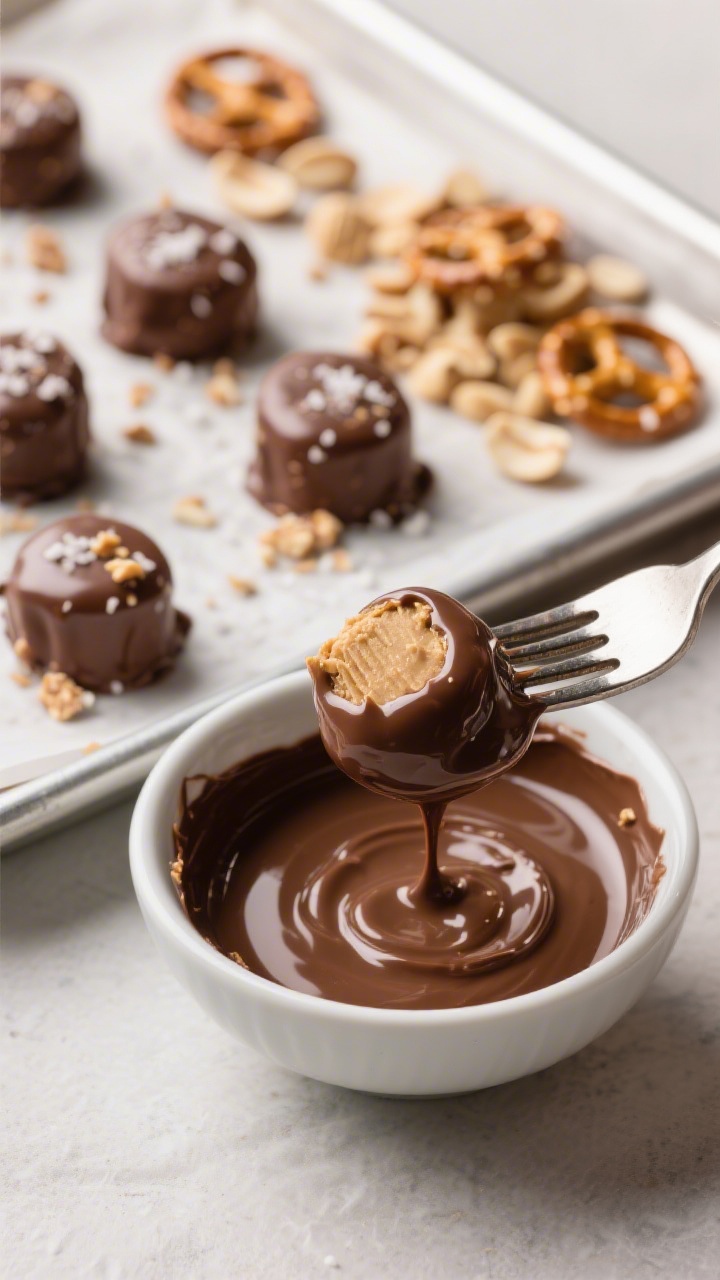 Close-up detail: A tray of chilled peanut butter–pretzel bites mid-dipping, one glossy bite restin