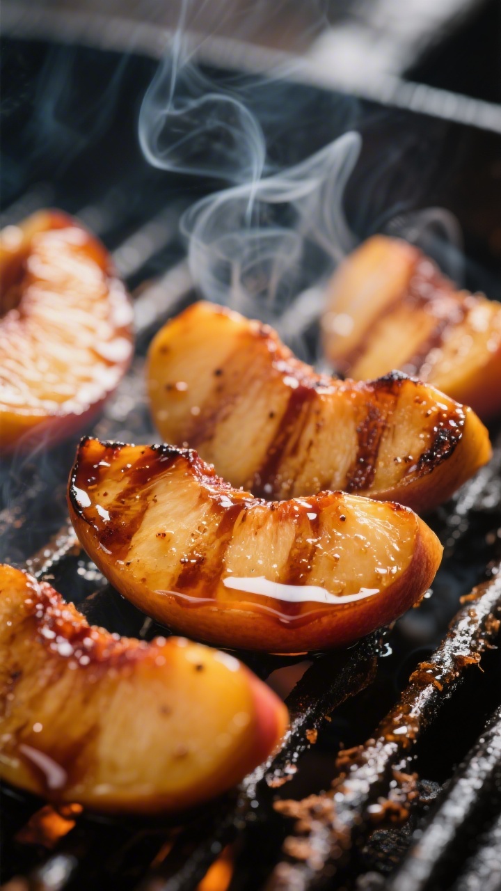 Close-up detail: Caramelized peach wedges sizzling on a hot grill, deep amber grill marks and glossy