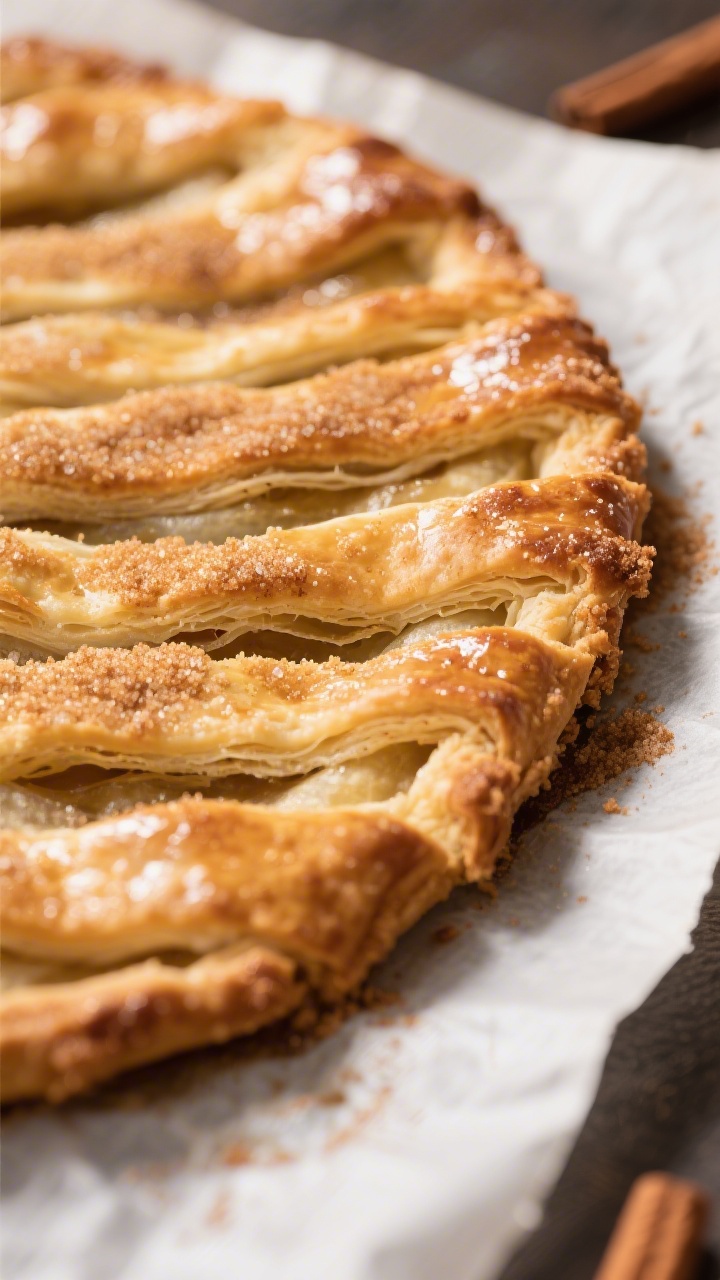 Close-up detail: Freshly baked cinnamon-sugar pie crust slab just out of the oven on parchment, gold