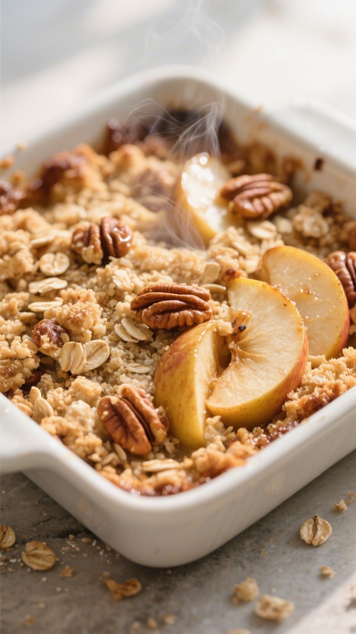 Close-up detail: Golden, baked apple crisp just out of the oven with a loose, craggy oat–almond fl
