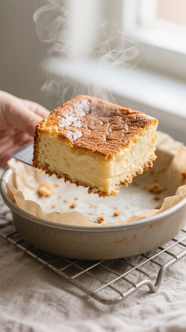 Close-up detail shot: A just-baked square of sourdough custard cake lifted slightly from an 8-inch p
