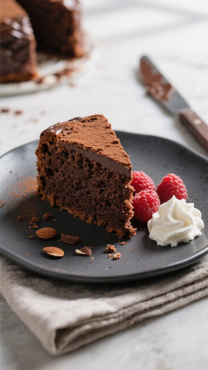 Close-up detail shot: A slice of rich chocolate almond cake just cut, showing a moist, tender crumb 