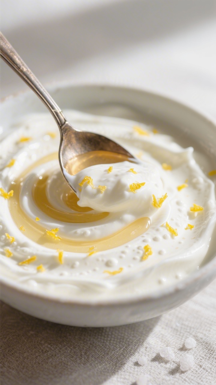 Close-up detail shot: A spoon swirling through a bowl of whipped Greek yogurt sweetened with honey a