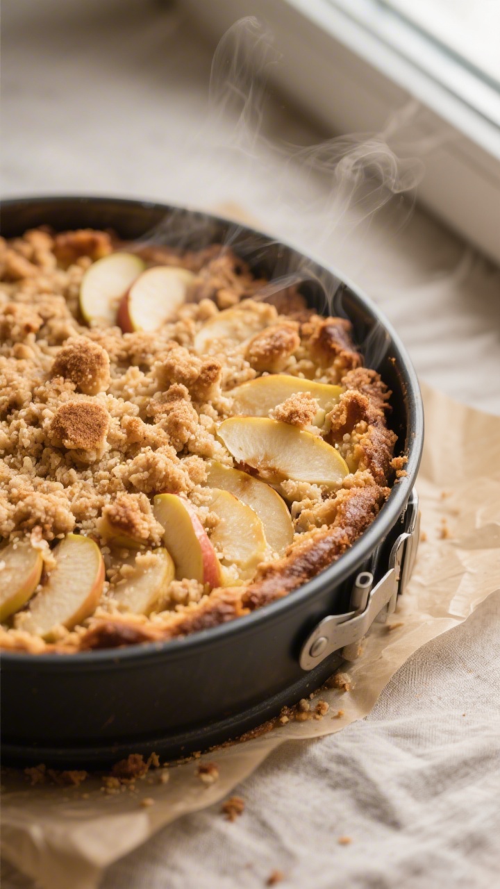 Close-up detail shot of a freshly baked Apple Streusel Cake (Apfel-Streuselkuchen) just out of the s