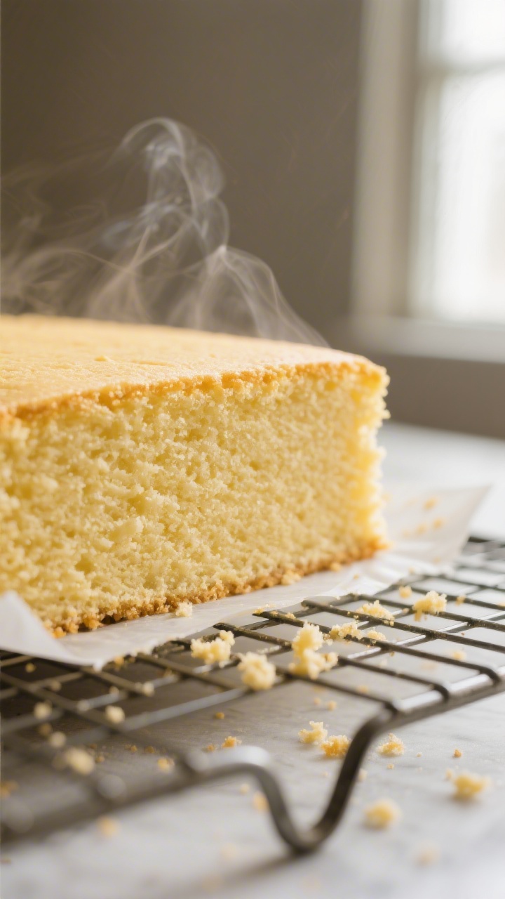 Close-up detail shot of a freshly baked vanilla-yellow cake layer just out of the pan and set on a w