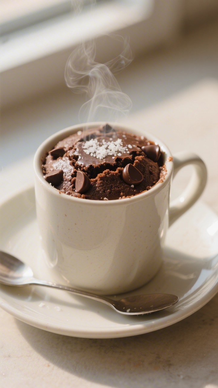 Close-up detail shot of a freshly microwaved chocolate mug cake in a 12-ounce ceramic mug, center sl