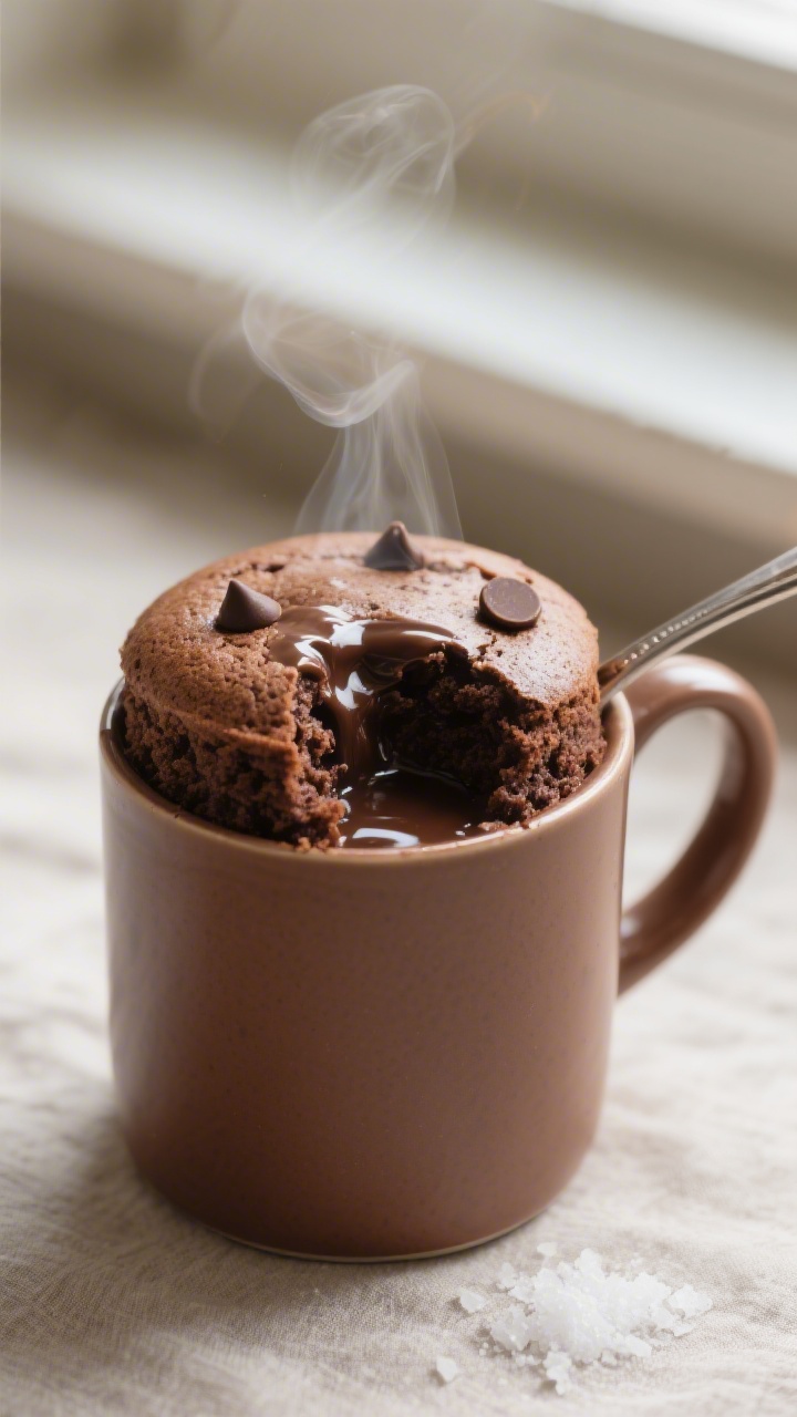 Close-up detail shot of a freshly microwaved chocolate mug cake in a wide 12-ounce ceramic mug, the