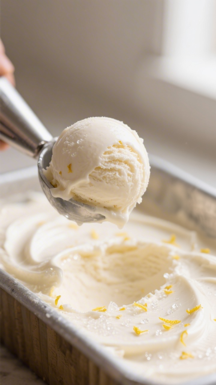 Close-up detail shot of a just-scooped no-churn vanilla ice cream with a whisper of lemon zest: one