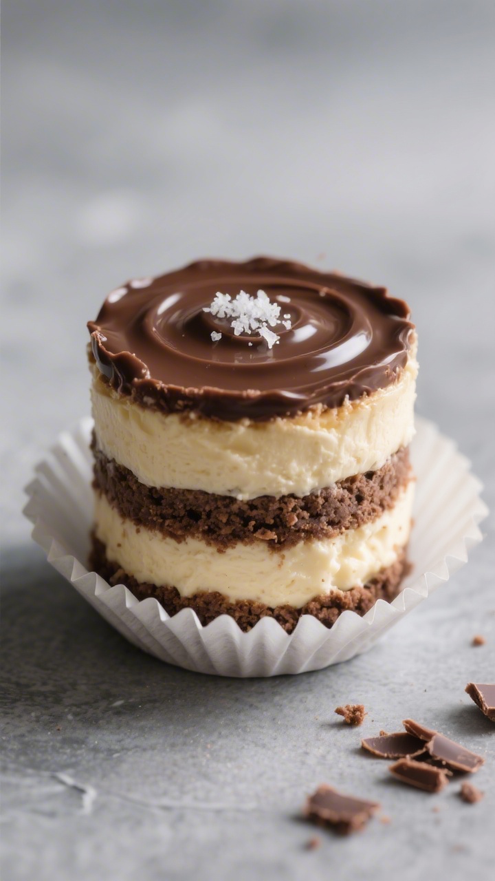 Close-up detail shot of a mini layered cheesecake in a parchment mini cupcake liner, showing three d