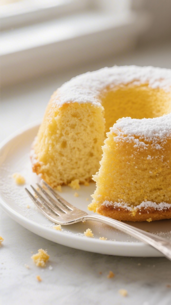 Close-up detail shot of a slice of yellow cake mix dessert just cut from a Bundt, showing a tender, 