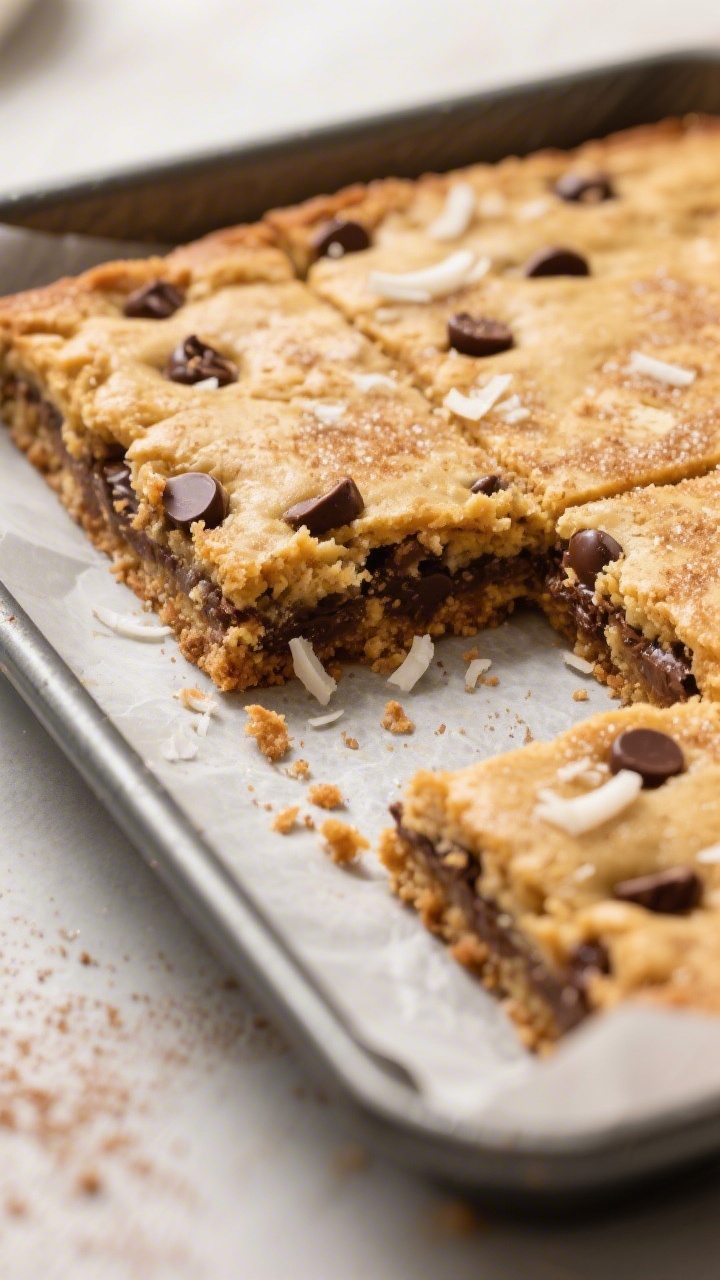Close-up detail shot of freshly baked cookie-blondie bars just lifted from an 8-inch square pan with