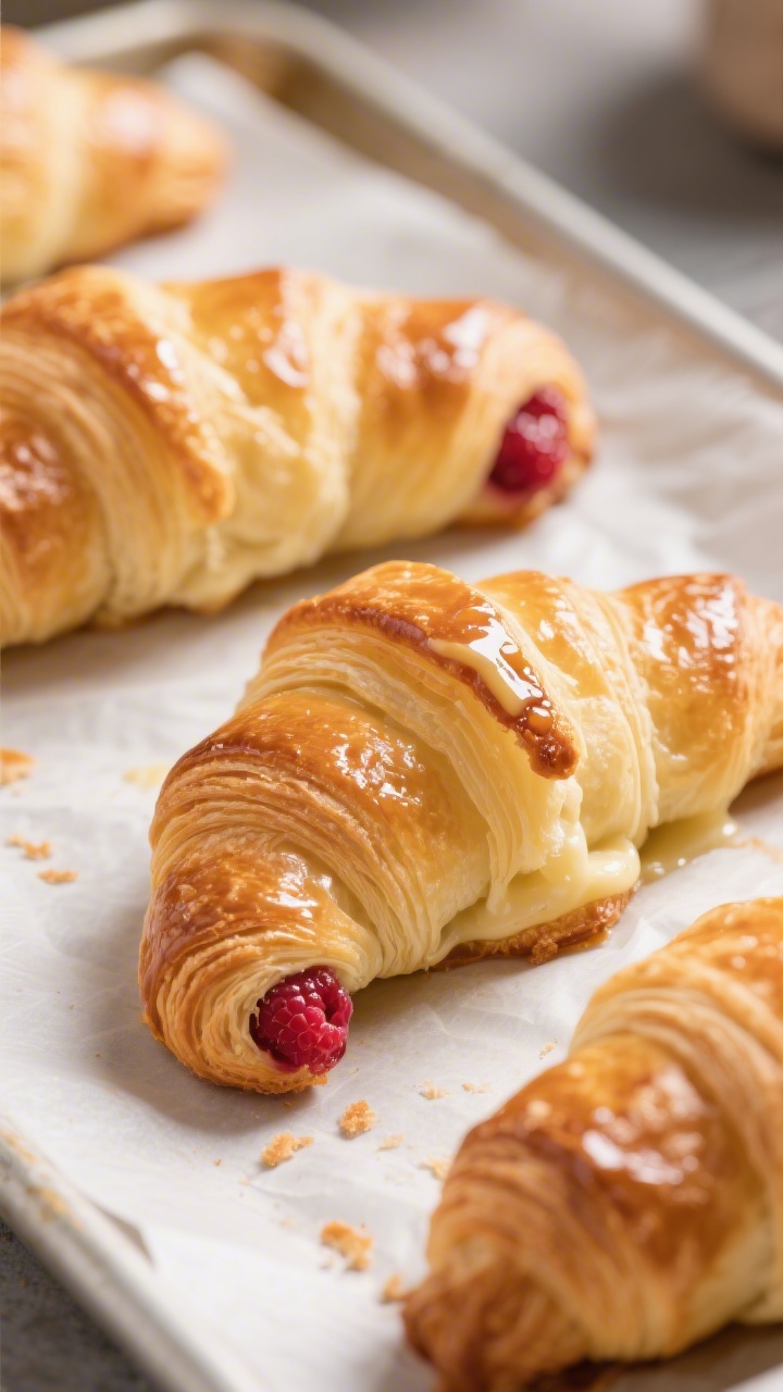 Close-up detail shot of freshly baked crescent roll desserts just out of the oven on a parchment-lin