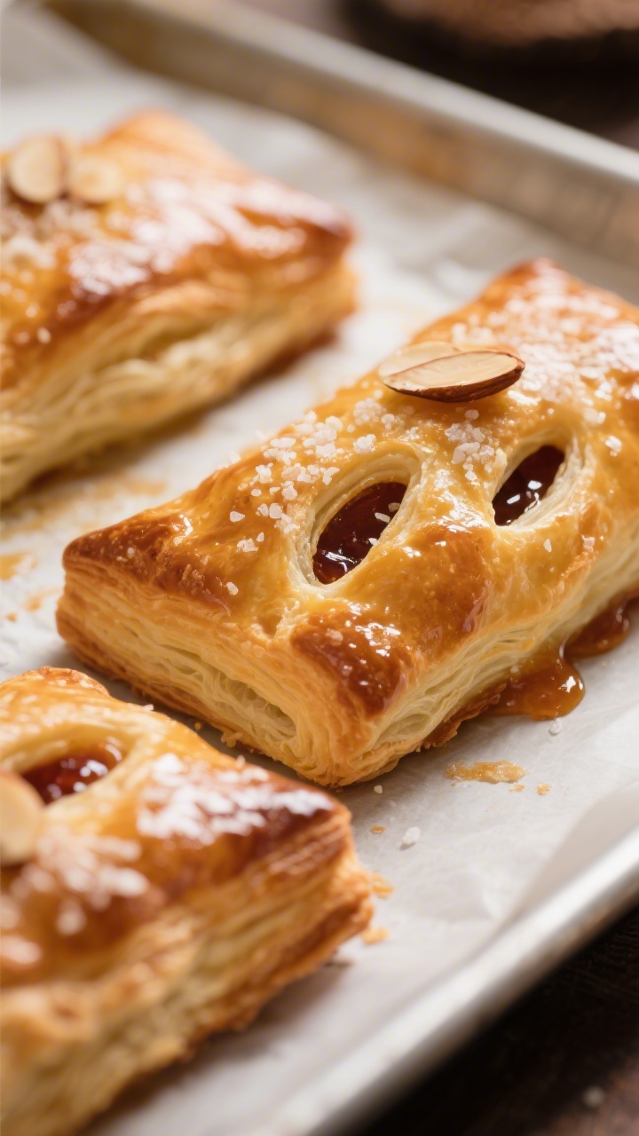 Close-up detail shot of freshly baked puff pastry pockets just out of the oven: deep golden, crisp, 