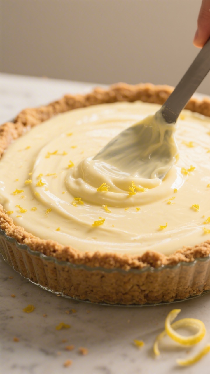 Close-up detail shot of the creamy lemon filling being smoothly poured over a firmly packed no-bake 