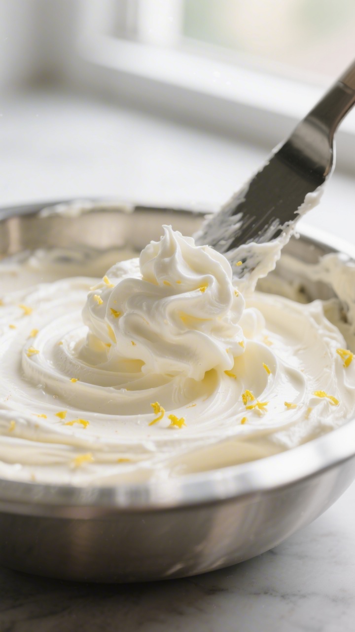 Close-up detail shot of the creamy no-bake cheesecake filling being folded together: a spatula gentl