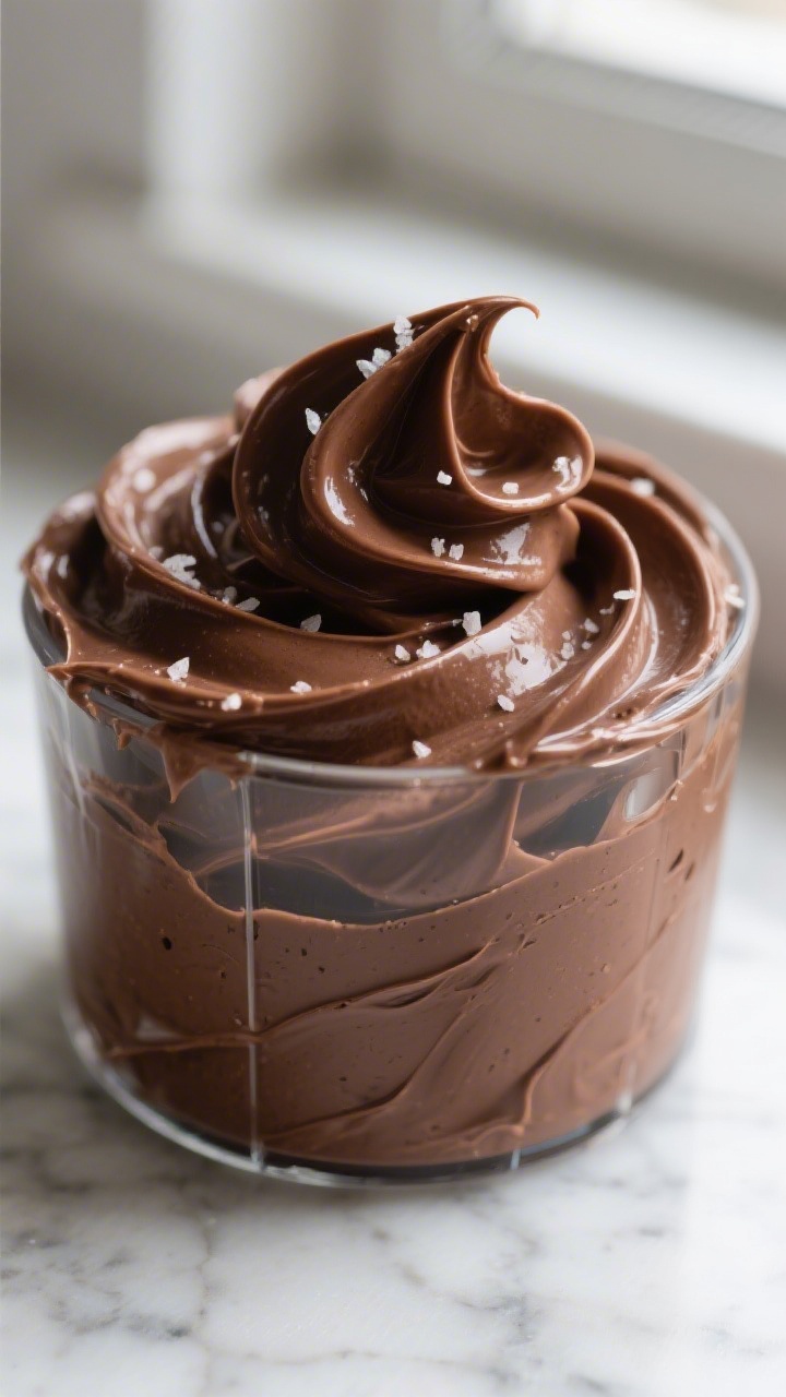 Close-up detail: Silky chocolate avocado mousse mid-blend in a glass blender jar, thick ribbons clin