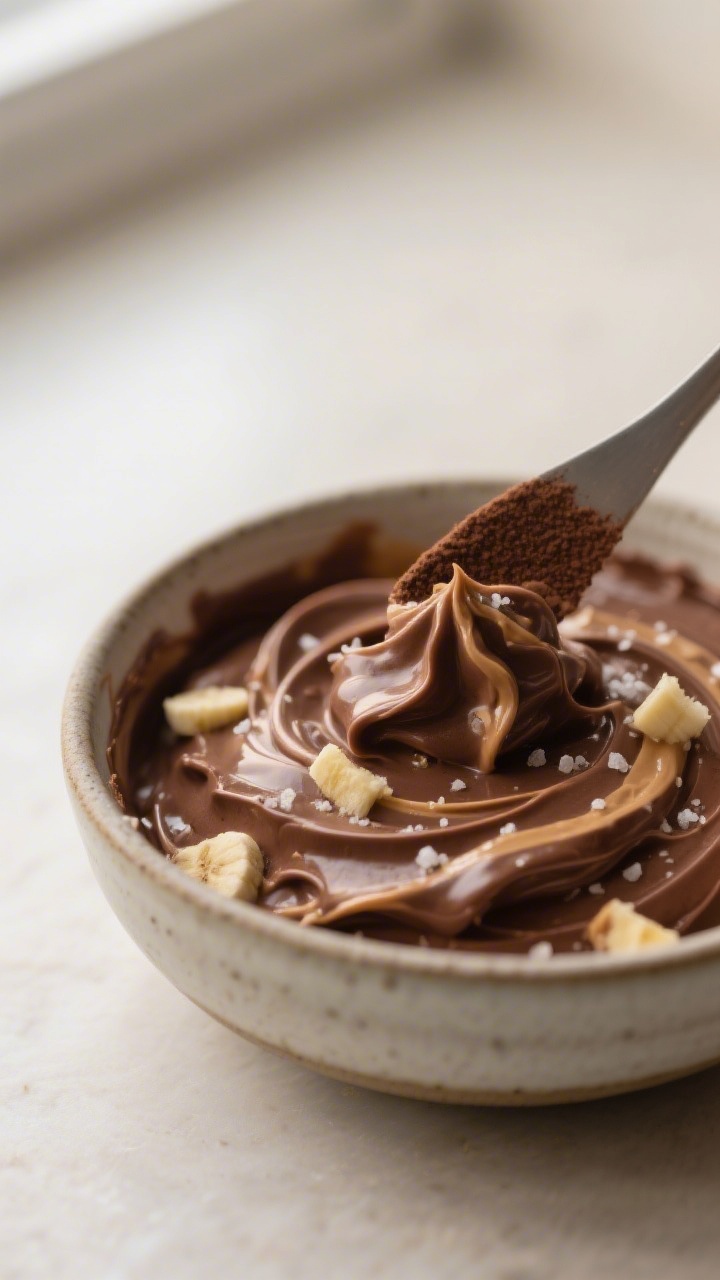 Close-up detail: Silky chocolate-banana Greek yogurt mousse mid-stir in a ceramic bowl, cocoa fully