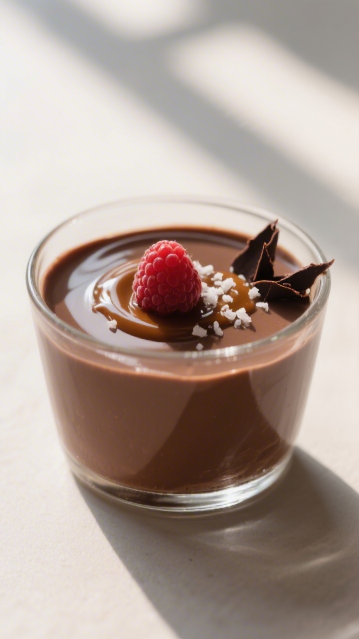 Close-up detail: Silky chocolate panna cotta just set in a small glass, topped with a thin, glossy l