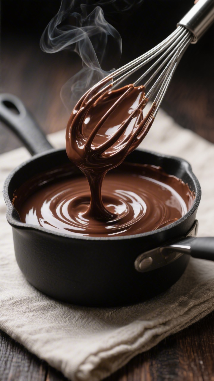 Close-up detail: Silky chocolate pudding just off the heat being whisked to a glossy finish in a mat