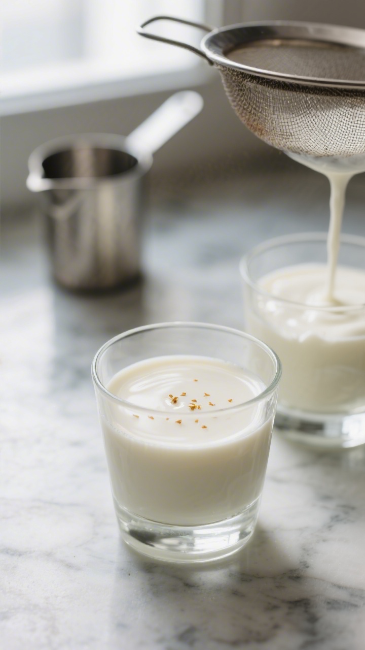 Close-up detail: Silky coconut panna cotta layer just set in clear lowball glasses, showing a smooth