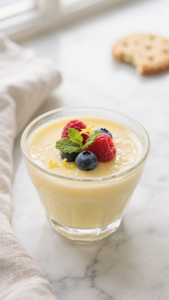 Close-up detail: Silky lemon posset just set in a small clear glass, surface glossy and custard-smoo