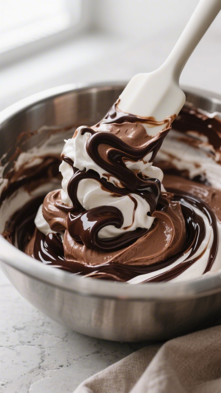 Close-up detail: Thick, silky dairy-free chocolate mousse being folded together—ribbons of glossy 