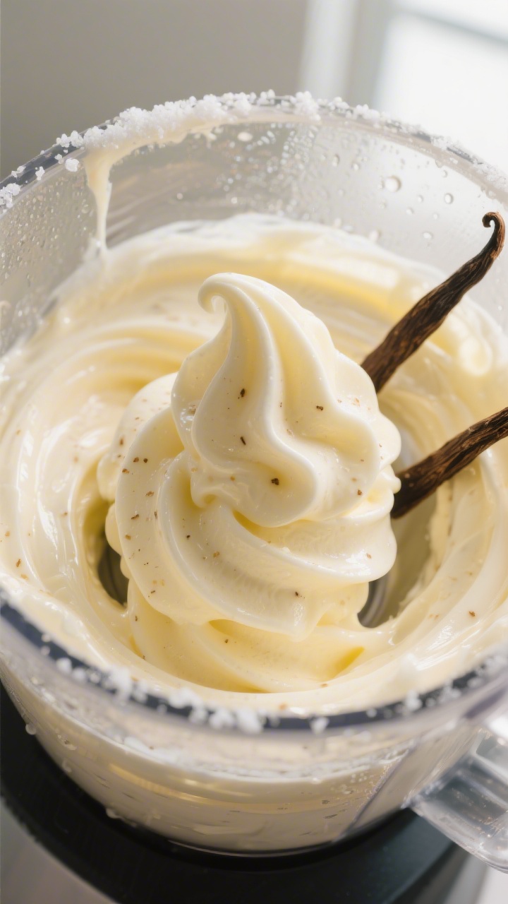 Close-up detail: Thick, silky frozen banana cream being blended to a soft-serve texture in a high-sp