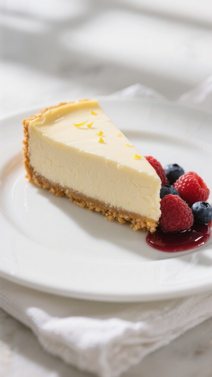 Close-up detail: Ultra creamy cheesecake slice with a perfectly smooth, crack-free surface and silky