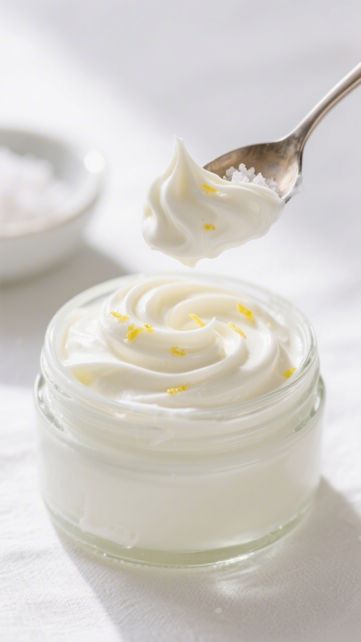 Close-up detail: Ultra-creamy Greek yogurt and light cream cheese mousse being spooned into a clear 