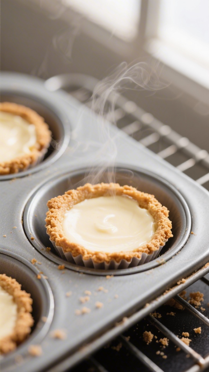 Close-up detail: Warm mini cheesecake cups just out of the oven in a lined muffin tin, edges set wit