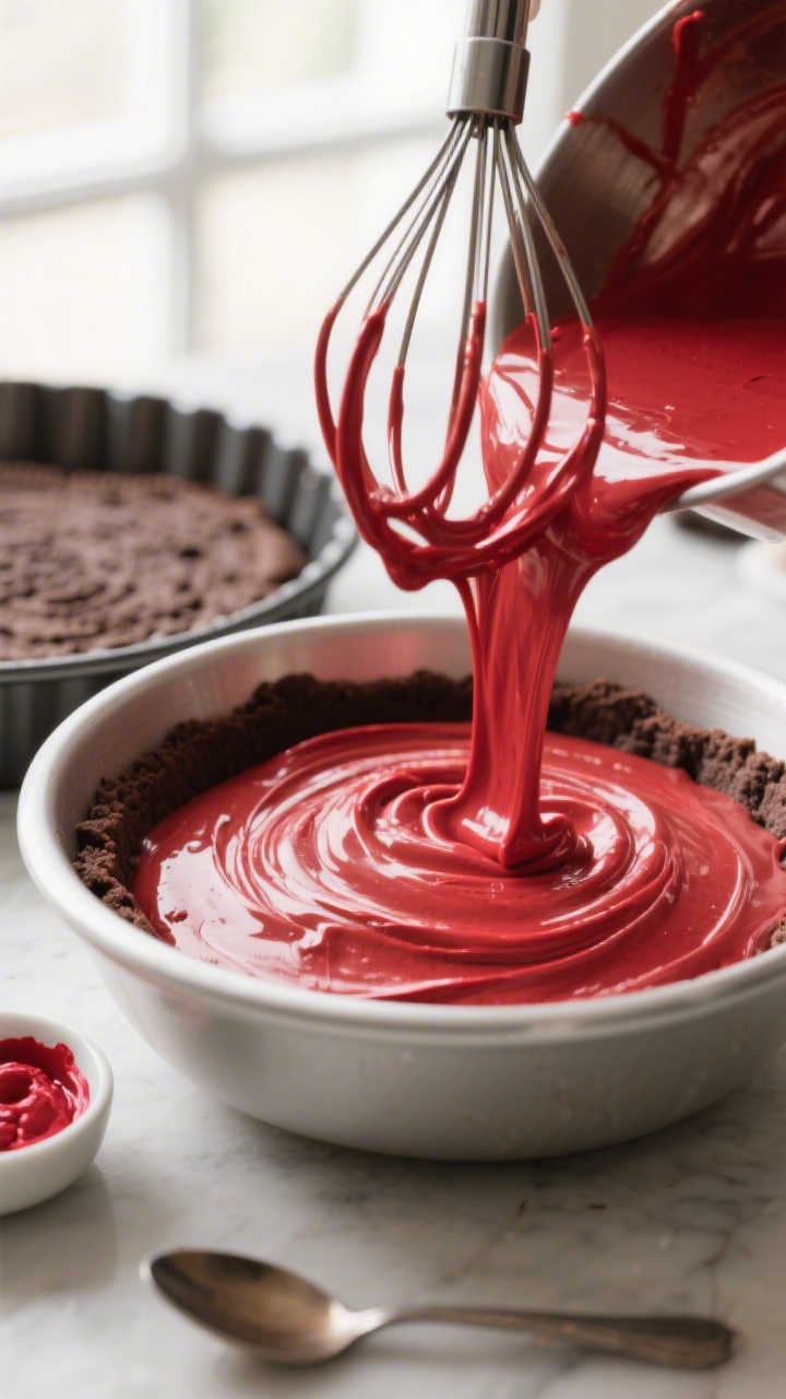 Close-up process shot: Smooth red velvet filling being streamed with melted gelatin into a mixing bo
