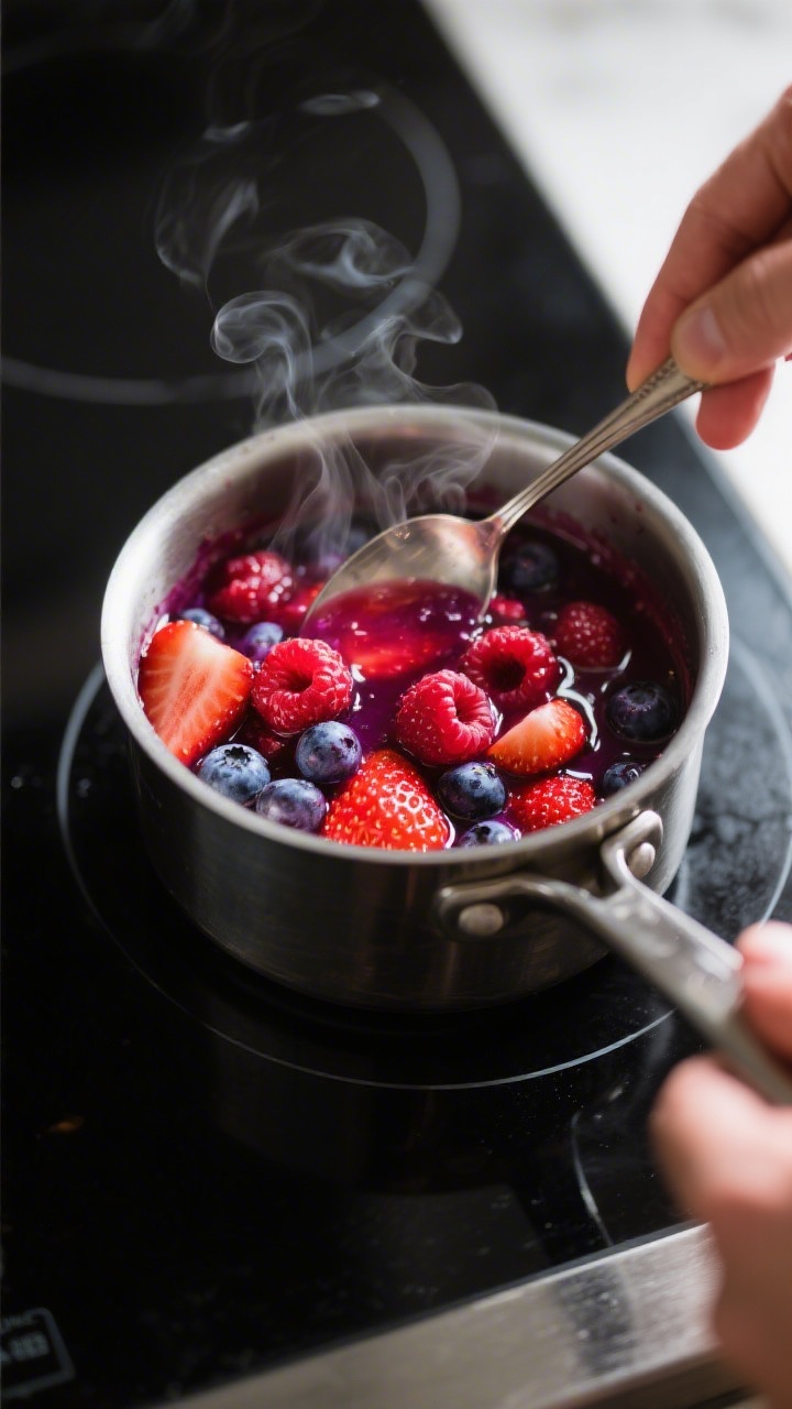 Cooking process: A small saucepan simmering a vibrant sugar free mixed-berry sauce (strawberries, ra